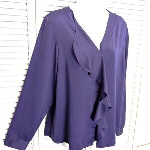 Coldwater Creek Purple Satin Blouse Womens Sz 14 Large Long Sleeve Ruffle